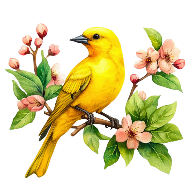 Yellow bird perched on a branch with pink flowers fabric panel