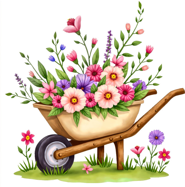 Floral Wheelbarrow 100% Cotton Fabric Panel Block S4157