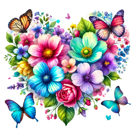 A colorful fabric panel featuring a floral and butterfly design in a heart shape.