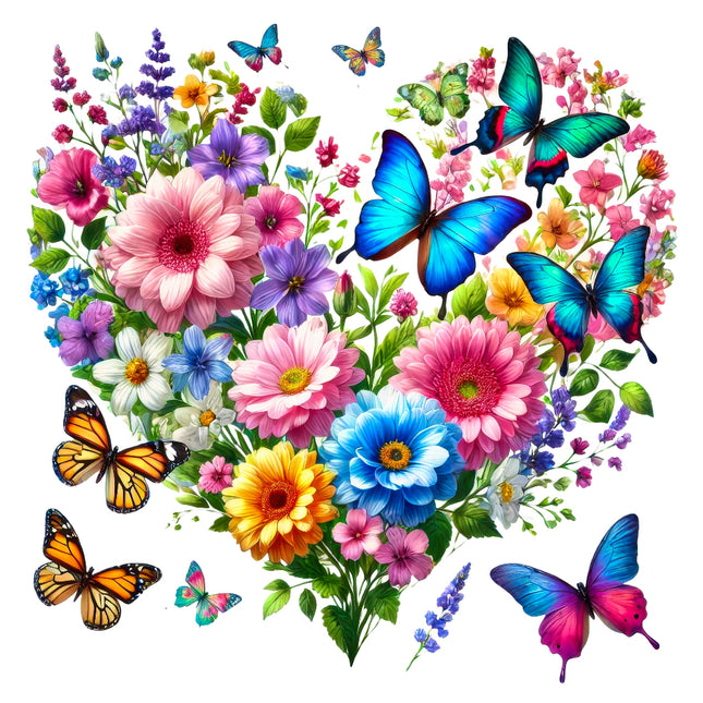 A heart-shaped arrangement of colorful flowers with butterflies digitally printed on a white background, representing a fabric panel for quilting and sewing.