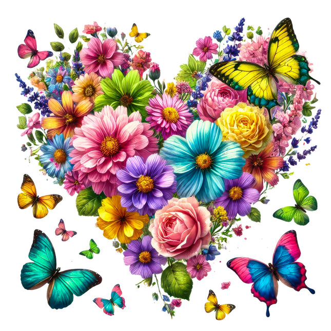 A vibrant fabric panel block featuring a heart-shaped arrangement of colorful flowers and butterflies 