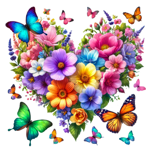 A colorful fabric panel block featuring a floral and butterfly design in a heart shape.