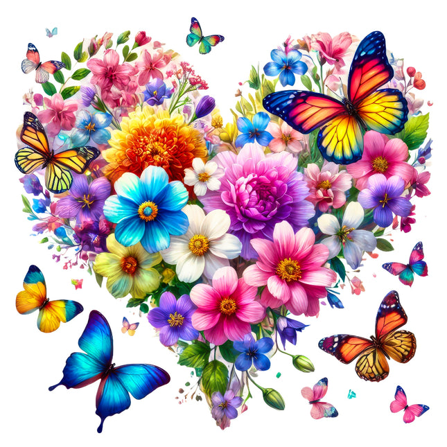 A colorful fabric panel block featuring a floral butterfly heart fabric panel