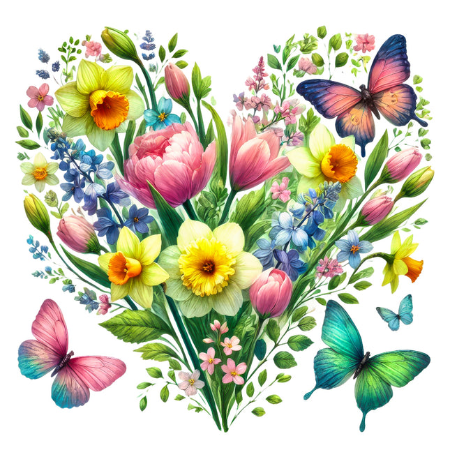 A heart-shaped arrangement of colorful floral patterns and butterflies on a white background