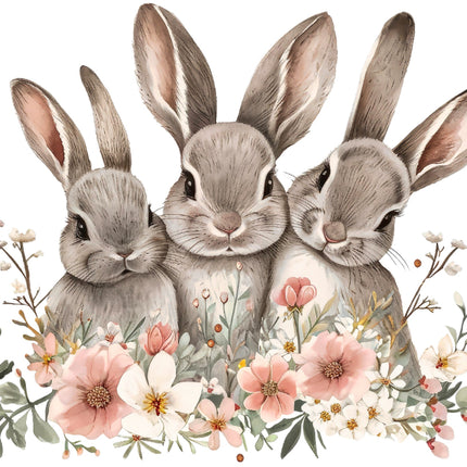 A fabric panel featuring an illustration of three gray rabbits with floral design.