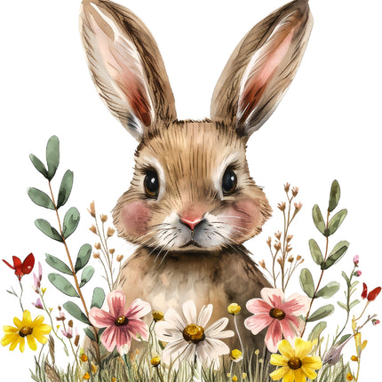 A digitally printed 100% cotton fabric panel featuring a block design with a cute rabbit surrounded by colorful flowers and foliage.