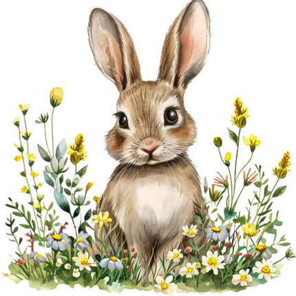 A digitally printed 100% cotton fabric panel featuring a cute rabbit surrounded by a variety of flowers.