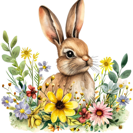 A digitally printed 100% cotton fabric panel featuring a rabbit surrounded by colorful flowers and leaves.