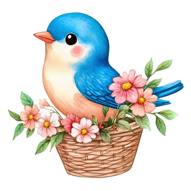 blue bird with flowers and a basket quilt block