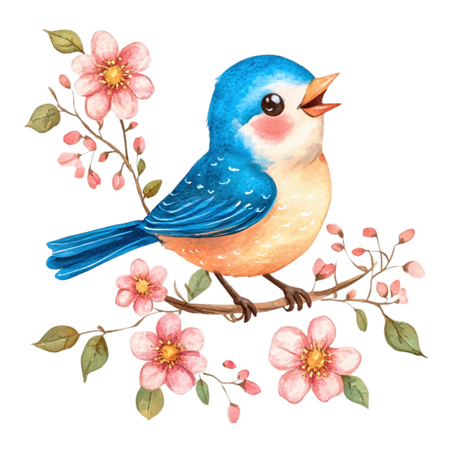 blue bird on a branch with pink flowers quilt block