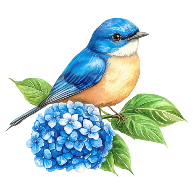 Blue bird perched on a blue flower fabric panel