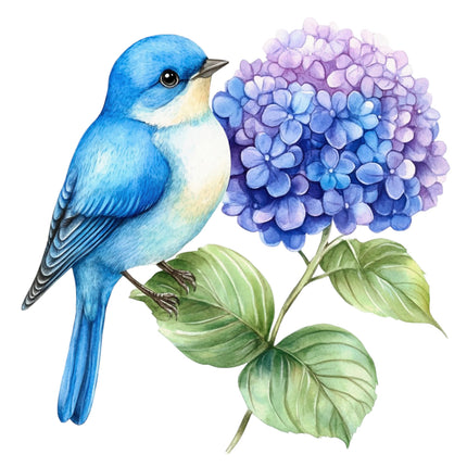 Blue bird perched on a branch with purple flowers fabric panel