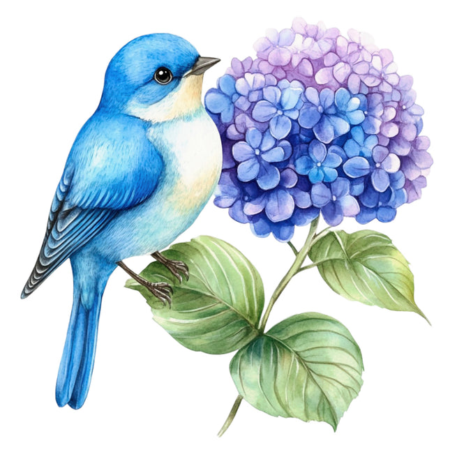 Blue bird perched on a branch with purple flowers fabric panel