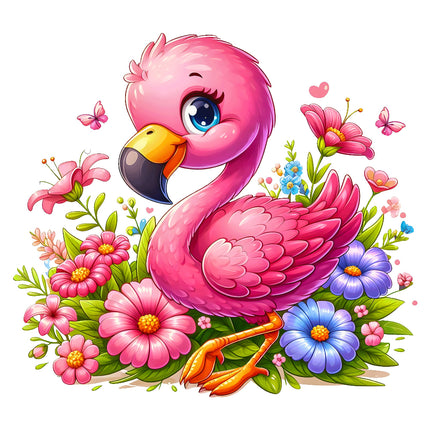 A digitally printed 100% cotton fabric panel featuring a pink flamingo with flowers and butterflies.