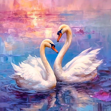 A digitally printed fabric panel featuring two white swans swimming in a body of water with a colorful, reflective background.