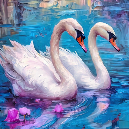 Two swans swimming in water fabric panel