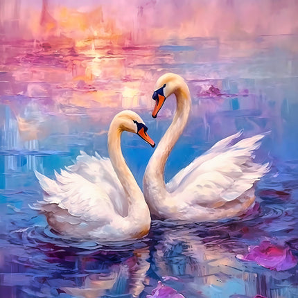 A fabric panel featuring a digitally printed image of two swans swimming in water with a colorful reflective background.