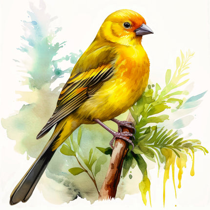 A digitally printed 100% cotton fabric panel featuring a vibrant image of a canary bird perched on a branch with leaves in the background.