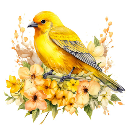 A digitally printed 100% cotton fabric panel featuring a yellow bird perched on top of a bundle of flowers.