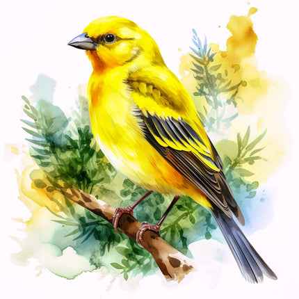 A digitally printed 100% cotton fabric panel featuring a vibrant image of a canary bird perched on a branch with green leaves in the background.