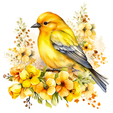 A fabric panel featuring a digitally printed canary bird surrounded by yellow flowers 
