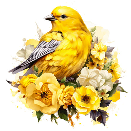 A fabric panel featuring a digitally printed yellow canary bird sitting on top of a bunch of yellow and white flowers.