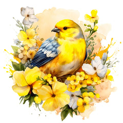 A digitally printed 100% cotton fabric panel featuring a colorful canary bird surrounded by yellow and white flowers.
