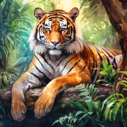 A digitally printed 100% cotton fabric panel featuring a realistic image of a tiger in a jungle setting.