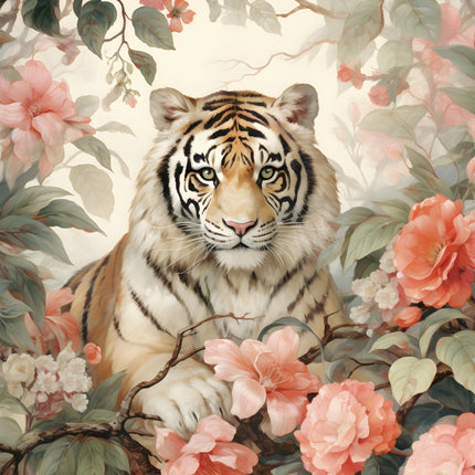 A fabric panel featuring a digital print of a tiger with floral background.