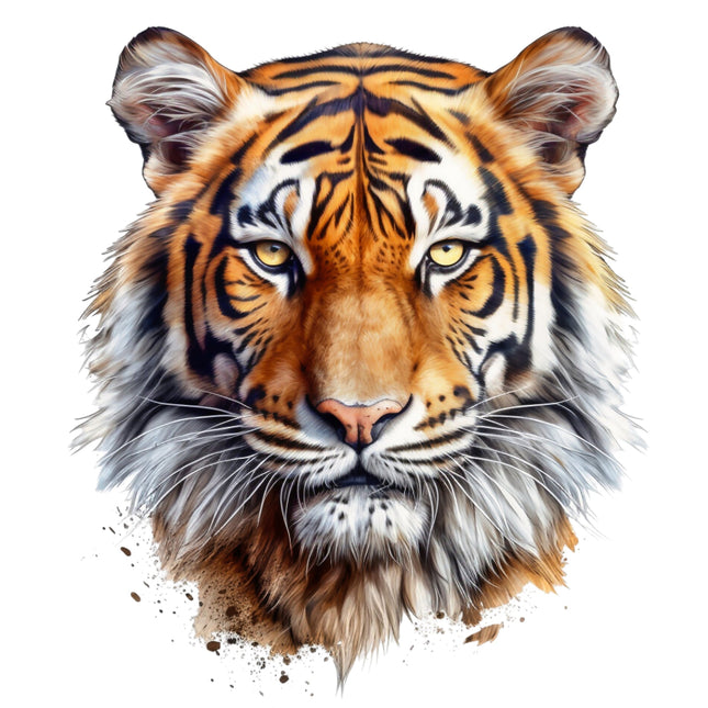 A digitally printed fabric panel featuring a block image of a tiger's face with vibrant colors and detailed patterns.