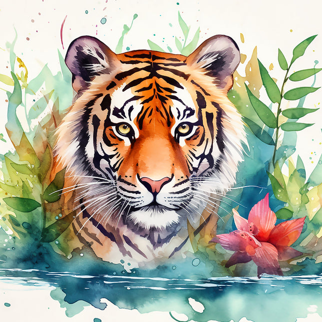 A digitally printed 100% cotton fabric panel featuring a floral tiger design with a vivid depiction of a tiger's face surrounded by green foliage and a red flower.