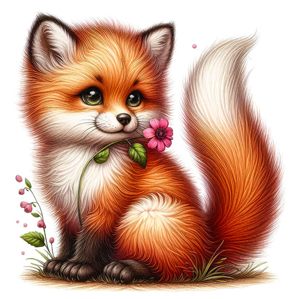 A digitally printed fabric panel featuring a cute fox with a pink flower and green leaves, on a white background.