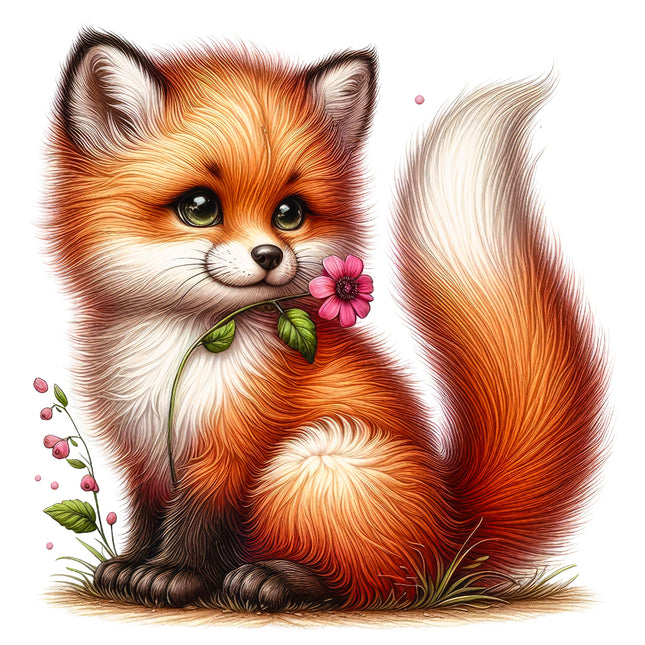 A digitally printed fabric panel featuring a cute fox with a pink flower and green leaves, on a white background.