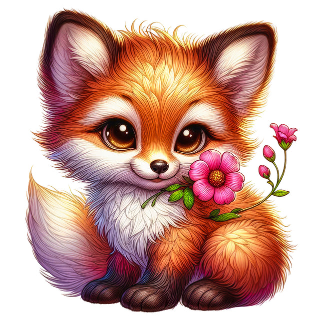Colorful fox holding a pink flower fabric panel