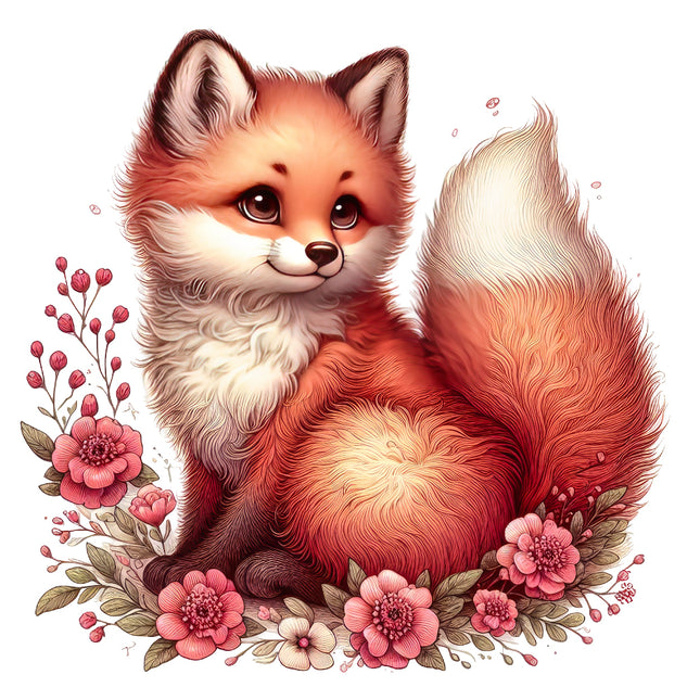 A digitally printed fabric panel featuring a cute fox surrounded by floral designs