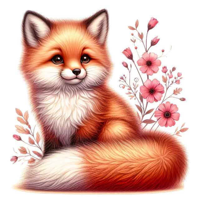 A digitally printed fabric panel featuring a cute fox with flowers.