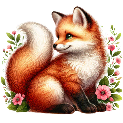 A digitally printed fabric panel featuring a red fox with flowers.