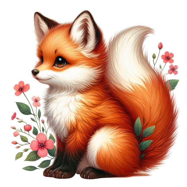 baby fox surrounded by flowers and leaves fabric panel