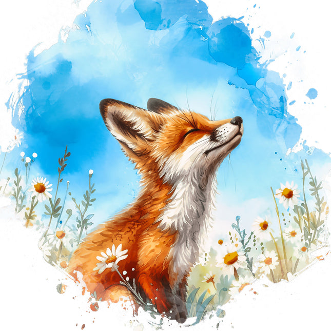 A digitally printed 100% cotton fabric panel featuring a cheerful fox in a floral field with a blue watercolor background.