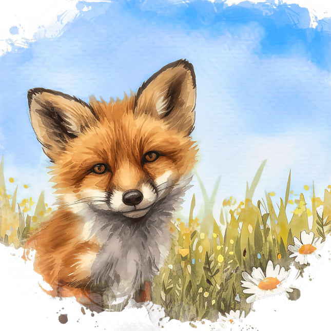A digitally printed fabric panel featuring a cute fox in a field with daisies, with a blue sky in the background.