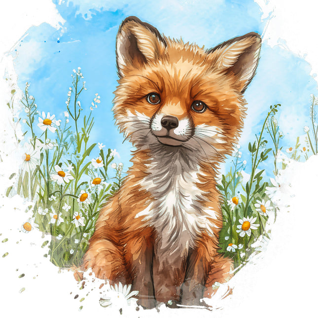 A digitally printed 100% cotton fabric panel featuring a cute fox sitting in a field with daisies.
