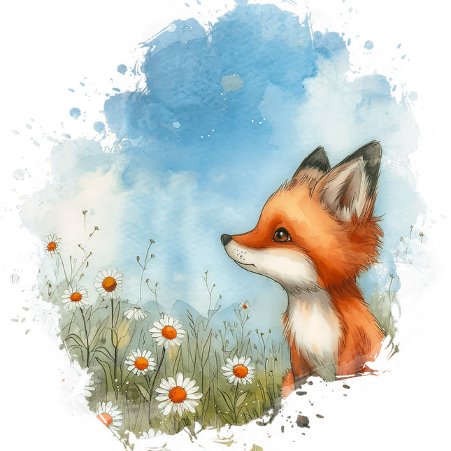 A digitally printed 100% cotton fabric panel featuring a cute fox in a field with daisies and a blue sky.