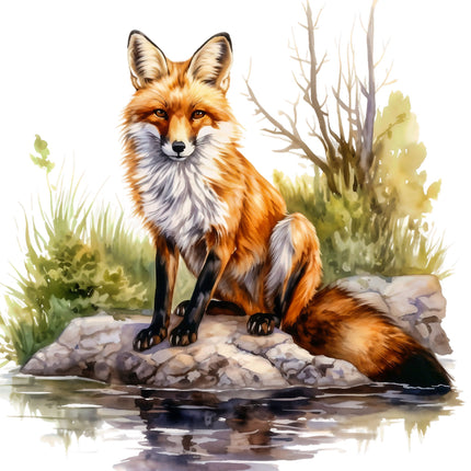 A digitally printed 100% cotton fabric panel featuring a realistic image of a red fox sitting on a rock beside a body of water with trees and grass in the background.
