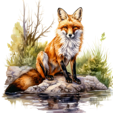 Fox sitting on a rock by water with trees and grass fabric panel