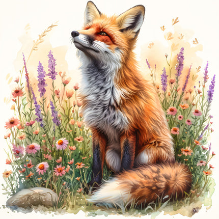 A digitally printed 100% cotton fabric panel featuring a realistic image of a red fox with flowers in the background.