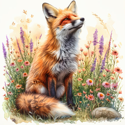 Fox sitting among flowers and grass fabric panel