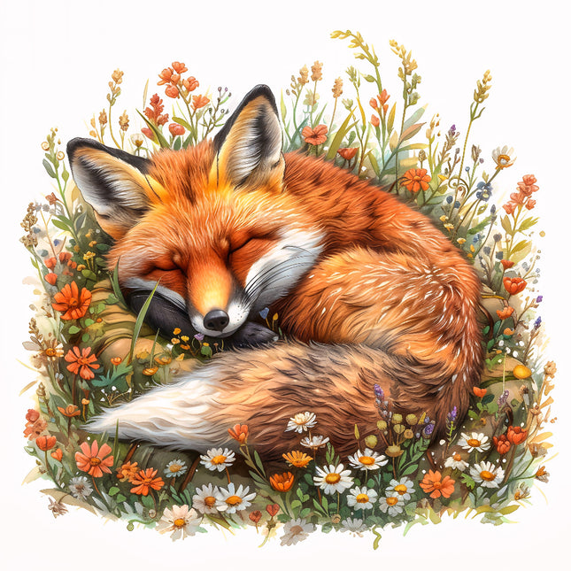 A digitally printed 100% cotton fabric panel featuring a sleeping fox surrounded by flowers.