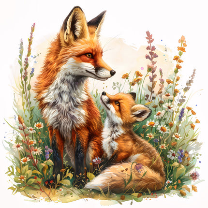 A digitally printed 100% cotton fabric panel featuring an illustration of a red fox and a fox cub in a floral setting.
