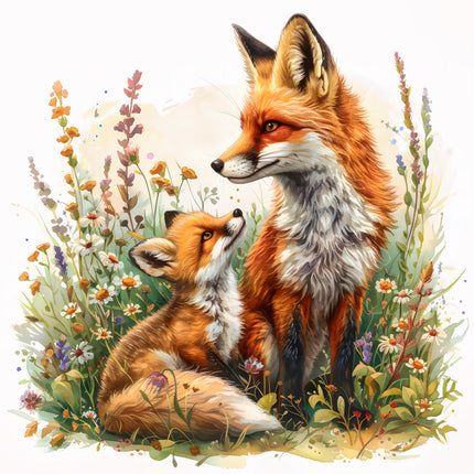 Two foxes sitting among flowers and plants fabric panel