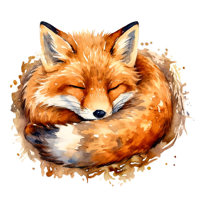 A digitally printed 100% cotton fabric panel featuring a cute fox with its eyes closed, resting its head on its paw.